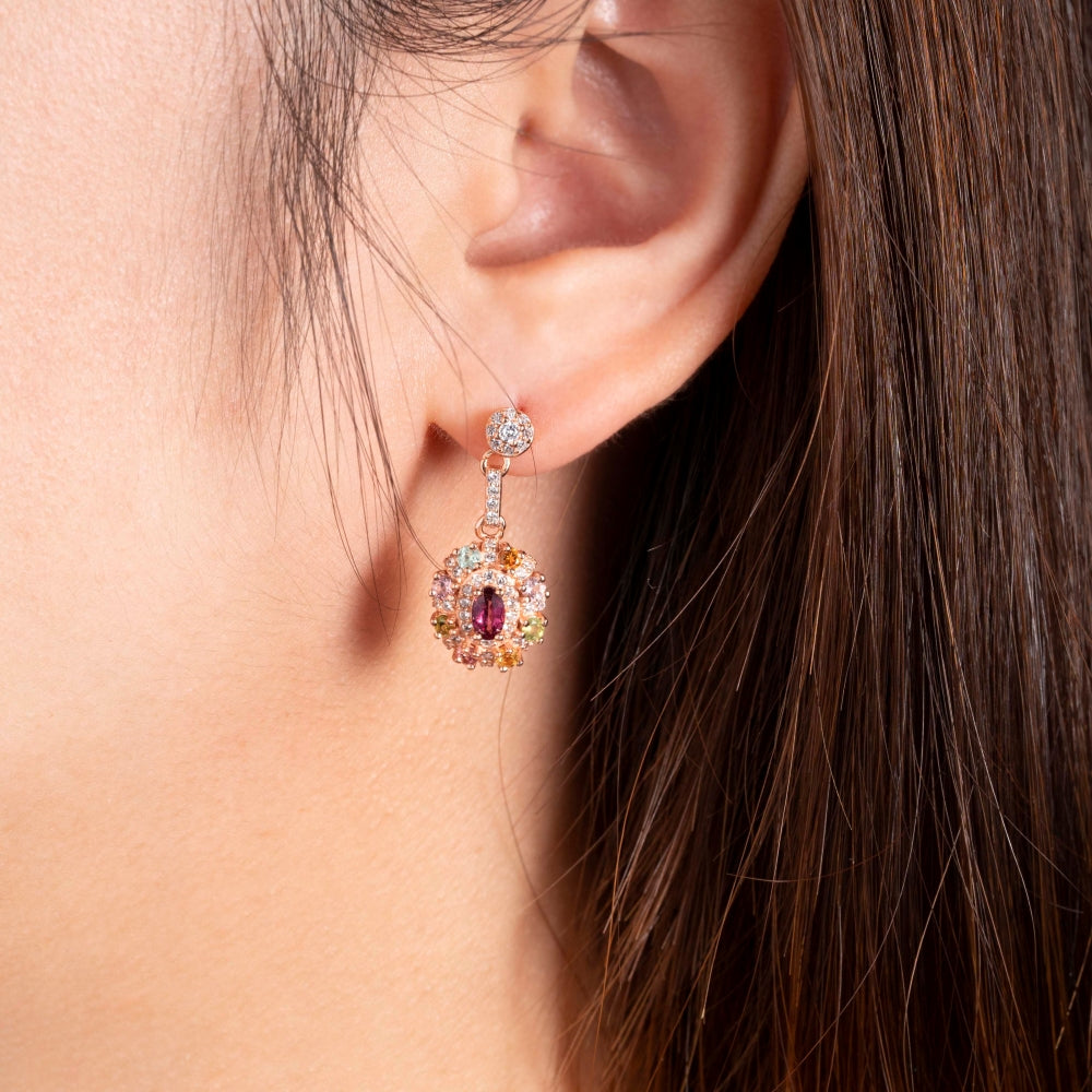 Multicolor Tourmaline Halo Oval-Cut Drop Earrings